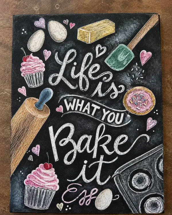 Chalkboard lettering: Life is what you bake it s cupcaky a válečkem
